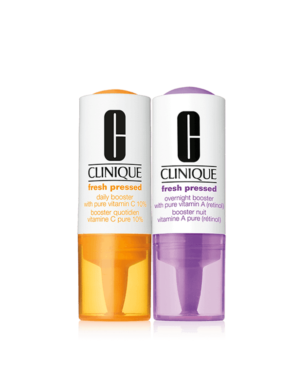 Clinique Fresh Pressed Clinical™ Daily and Overnight Boosters With Pure Vitamins C 10% + A (Retinol), Onze meest verse en krachtigste dag- en nachtboostersysteem tegen veroudering.