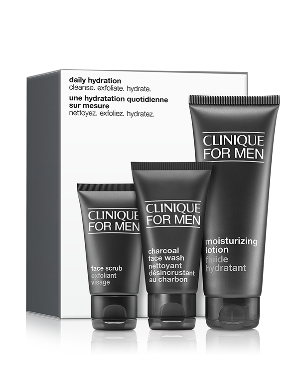 Clinique For Men Daily Hydration Set, Hydraterende huidverzorgingsset met drie dagelijkse essentials voor mannen met een droge huid.