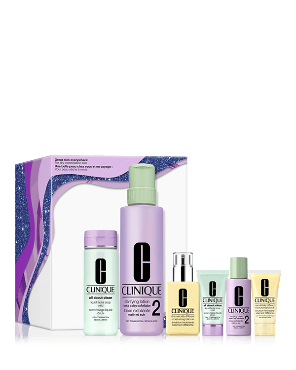 Great Skin Everywhere 3-Step Skincare Set For Dry Skin, Een mooie huid dankzij een reinigende, exfoliërende en hydraterende routine voor de droge tot gemengde huid. Deze praktische Clinique box bevat zowel de klassieke als de mini formaten, zodat je ze overal mee naartoe kunt nemen.