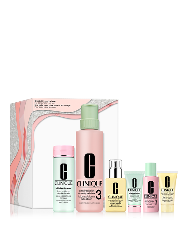 Great Skin Everywhere 3-Step Skincare Set For Oily Skin, Een mooie huid dankzij een reinigende, exfoliërende en hydraterende routine voor de gecombineerde tot vette huid. Deze praktische Clinique box bevat zowel de klassieke als de mini formaten, zodat je ze overal mee naartoe kunt nemen.