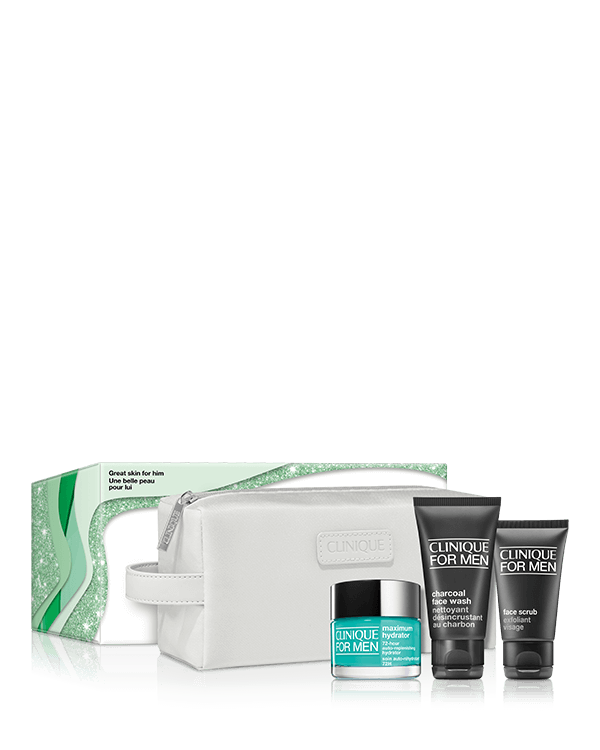 Great Skin For Him Skincare Set, Clinique for Men™ essentials voor een schone, gehydrateerde huid. Drie bestsellers om overal mee naartoe te nemen.
